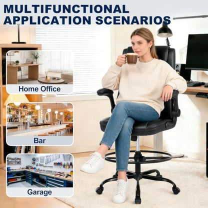 Misolant Drafting Chair with Footrest Ring, Tall Office Chair for Standing Desk, PU Faux Leather Bar Counter Height Chairs with Adjustable Height, 360° Swivel Wheels for Garage Office, Black - color: Black