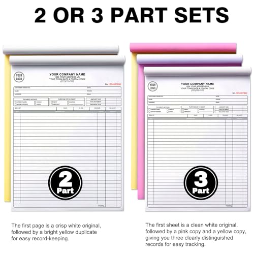 Custom Invoice Book with Logo 50 Set Personalized Receipt Books Customized Invoices for Small Business 3 - Parts Carbonless Duplicate Invoice Forms NCR Books - size: 5.5" x 8.5", style: 3-part invoice