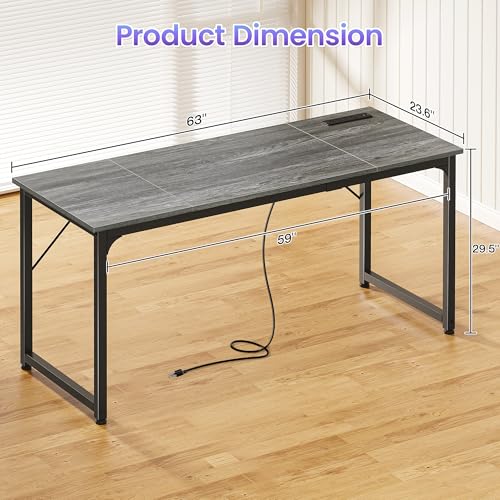 PRAISUN 63 X 24 Inch Computer Desk, Power Outlets, USB-C, Grey - color: Grey, size: 63inch