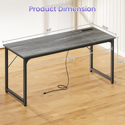 PRAISUN 63 X 24 Inch Computer Desk, Power Outlets, USB-C, Grey - color: Grey, size: 63inch