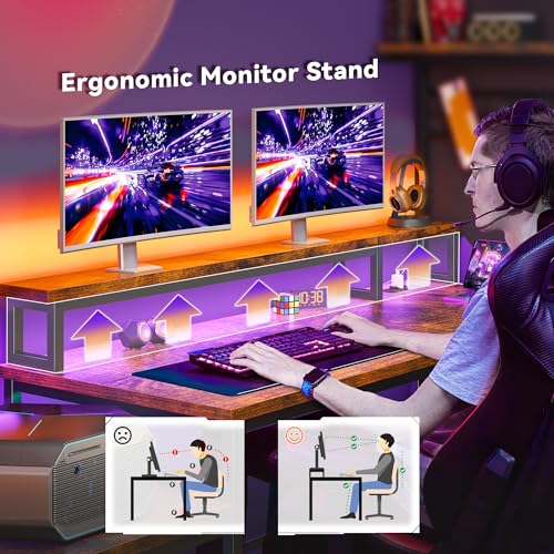 EnHomee 63" L Shaped Gaming Desk with LED Lights & Power Outlets,Brown - color: Rustic Brown, size: 63"W