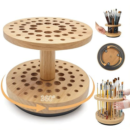 Rotating Paint Brush Holder, 360° Smooth Rot Hardwood Artist Organizer - color: Yellow（52 Holes）