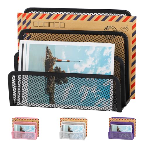 Desk Mail Organizer, Office Small Desktop Metal Mesh Envelope Letter Sorter Paper File Holder Organizer with 3 Vertical Upright Compartments, Black 1 Pack - color: Black, size: 1 Pack