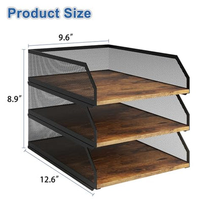 Natwind 3-Tier Stackable Metal Mesh Paper Organizer with Sliding Tray,Retro | Wooden Desk Organizer, Letter Tray For Desktop,File Holder For Home Office School Classroom Organization - size: 3 tier