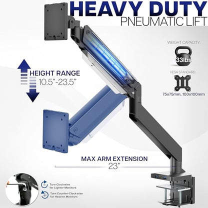VIVO Premium Aluminum Heavy Duty Monitor Arm with 3.0 USB Ports, Fits Ultrawide Monitors up to 49 inches and 33 lbs, Single Desk Mount Stand, Pneumatic Height, Max VESA 100x100, Black, STAND-V101G1U - size: Standard, style: USB