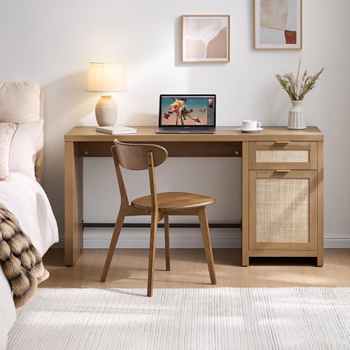SICOTAS Executive Desk with Large Cabinet, Drawer, Rattan Home Office Desk | 59" Boho Farmhouse Computer Table Vanity Desk for Home Office, Study, Living Room, Dining Room - size: 2 Pieces