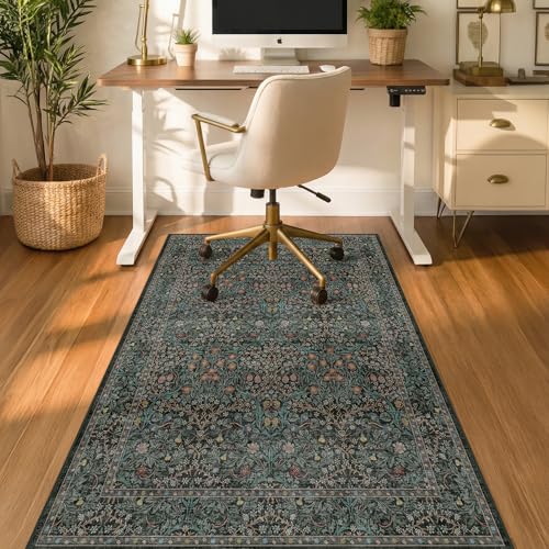 Dark Green 3x5 Office Chair Mat for Hardwood & Tile Floor, Under Desk Rug, Vintage Floral Floor Protector for Rolling Chairs, Office Oriental Low Pile Non Slip & Stain Resistant - color: Forest - Dark Green, size: 3' x 5'