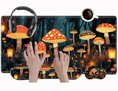 Mushroom Mouse Pad and Keyboard Wrist Rest Japanese Desk Mat Set Gaming Mousepad with Wrist Support XXL Computer Mat 31.5" x 15.75" Mouse Mat Organization Decor - color: Mushroom