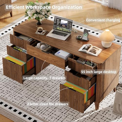 55.1" Fluted Executive Desk with Drawers, Wood Computer Desk with Storage Cabinet, Home Office Desk with Charging Station, Farmhouse Desk with File Cabinet for Office Home (Walnut) - color: Walnut With 4 Legs