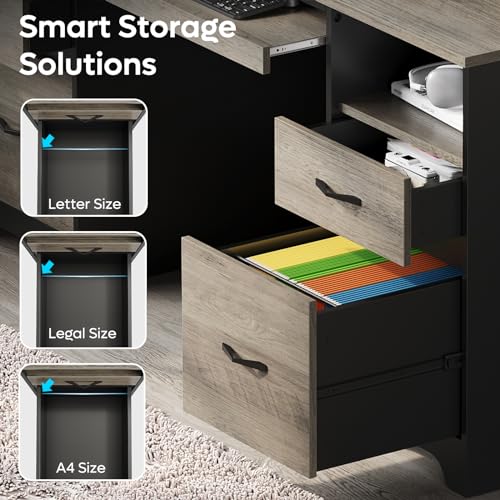 Bestier 59 Inch Office Desk with 4 Drawers, Computer Desk with Storage, Executive Desk with File Drawer, Keyboard Tray & 2 Pedestals on Both Sides for Home Office, Studio, Grey&Black - color: Grey&black