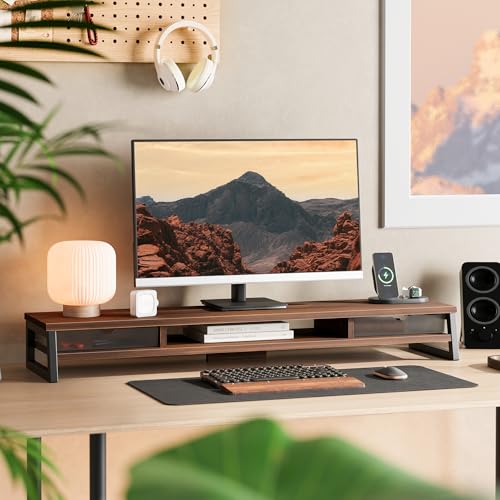 Fenge Dual Monitor Stand Riser, 42.5in Desk Shelf with 2 Drawers, Brown - color: Brown