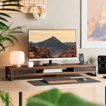 Fenge Dual Monitor Stand Riser, 42.5in Desk Shelf with 2 Drawers, Brown - color: Brown