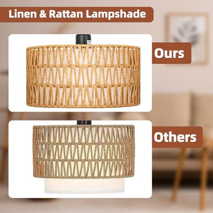 Rattan Floor Lamps for Living Room with Dimmable 9W LED Bulb Farmhouse | Remote Control Boho Standing Lamps with Rattan& Linen Double Shades, Arc Lamps Reading Floor Tall Lamp for Bedroom - style: Cylinder-Black