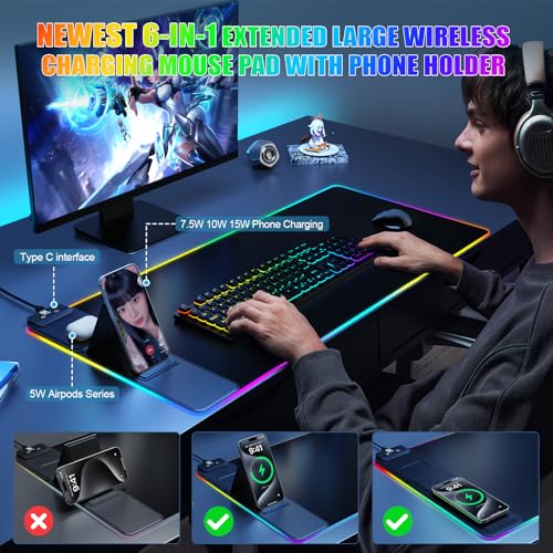 Wireless Charging RGB Mouse Pad with Phone Stand, Large Gaming Desk Mat - color: Black - 31.5x15.8" No Adapter