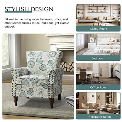 HULALA HOME Traditional Floral Accent Chair with Solid Wood Legs, Medallion | Comfy Upholstered Armchair Reading Chair with Rolled Armrests, Nailhead Trim, Removable Cushion, for Living Room Bedroom - color: Medallion