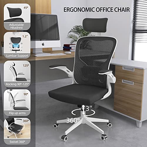 Monhey Ergonomic Office Chair, 90°-125° Tilt Back Home Desk Chair with 360° Swivel & Mute Wheels, High Back Mesh Computer Chair for Adults with Lumbar Support, 330 LBS Capacity (03White+Black) - color: 03white+black