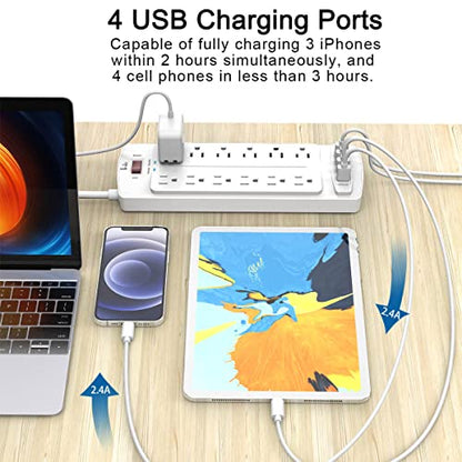 Power Strip, Tcstei Surge Protector with 12 Outlets and 4 USB Ports, 10 Feet Extension Cord for Home, Office, Dorm Essentials, 2700 Joules, White