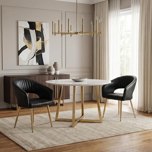 Modern Dining Chairs Set of 2, Upholstered PU Leather Gold Dining Room Chairs with Hollow Back, Accent Armrest Kitchen Chairs with Gold Legs for Living Room Black - color: Black 1