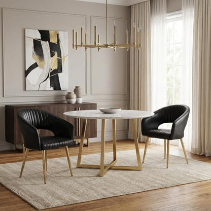 Modern Dining Chairs Set of 2, Upholstered PU Leather Gold Dining Room Chairs with Hollow Back, Accent Armrest Kitchen Chairs with Gold Legs for Living Room Black - color: Black 1