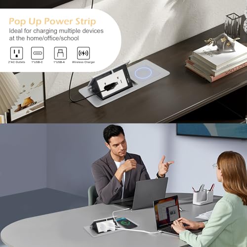 Table Pop Up Outlet Automatic Pop Up Strip Center Countertop Recessed Power Strip with 15W Wireless Charger + USB A + USB C + 2AC 5.9Ft Cord for Conference Desk Office Kitchen (Silver-Wireless) - style: Silver-Wireless