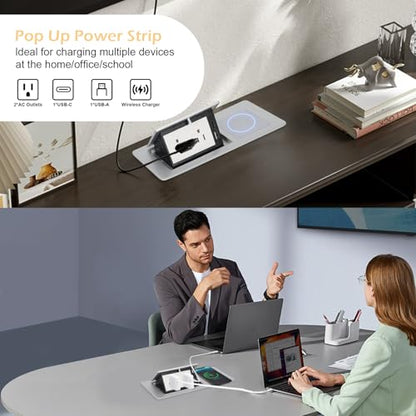 Table Pop Up Outlet Automatic Pop Up Strip Center Countertop Recessed Power Strip with 15W Wireless Charger + USB A + USB C + 2AC 5.9Ft Cord for Conference Desk Office Kitchen (Silver-Wireless) - style: Silver-Wireless