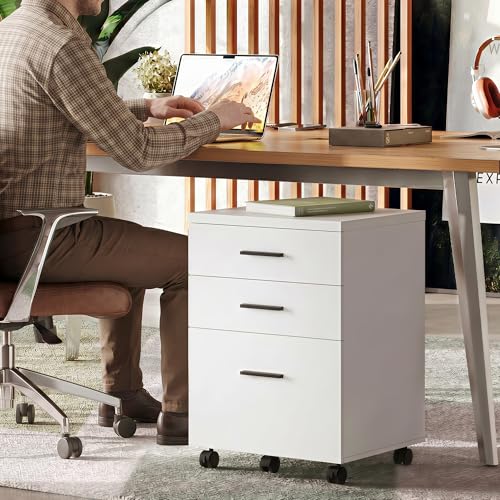 DEVAISE 3 Drawer File Cabinet for Home Office, Wood Under Desk Filing Cabinet, Rolling Printer Stand with Wheels, White - color: White, size: 15.7"D x 18.1"W x 25.6"H