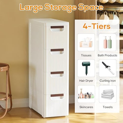 4 Drawers Slim Bathroom Storage Cabinet Dresser, Narrow Plastic Rolling Cart Organizer with Drawers, for Small Spaces, Kitchen, Laundry, Office, Bedroom, White - size: 7.5"x16.5"xx28.9"(4-Drawer)