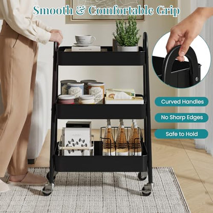 OLIXIS Metal 3 Tiers Rolling Storage Utility Cart with Lockable Wheels - color: Black, size: 3-Tiered 17 inches