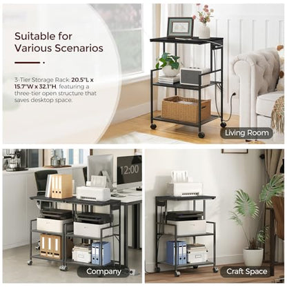 MAHANCRIS Mobile Printer Stand, 3-Tier Industrial Printer Cart with Power Outlets and 2 USB Ports, Rolling Printer Table on Wheels for Home Offices Kitchen Organization Rack, Black PTHB78E01 - color: Black