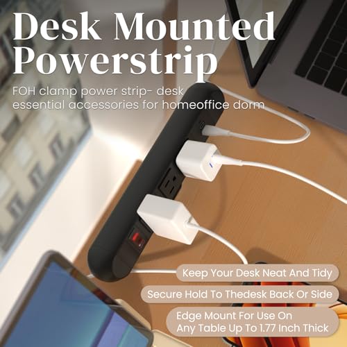 FOH Aluminum Desk Clamp Power Strip, 3 Port Clamp 1875W, 6FT Cable | Multi-Contact USB Power, Power Socket Surge Protector with Switch, 3 in 1 Desk Stand with 3CA, with USB-A & USB-C, Round - size: Round