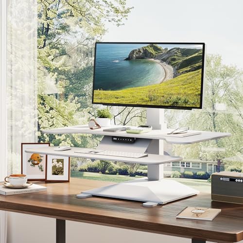 Electric Standing Desk Converter 36" Wide, Height Adjustable Desk Riser, Computer Workstation, Sit-Stand Convertor for Home, Office, School (White, 1 Arm Included) - color: White, size: 36'' Wide