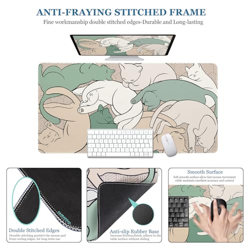 Desk Pad Cat, Desk Matt for Desktop, Cute Sleeping Cat Gaming Mouse Pad Extend XXL Large Desk Mat Anti-Slip Stitched Edges Waterproof Computer Laptop Keyboard Mat for Game, Home, Work, Office - color: Sleeping Cat, size: 31.5L x 15.7W inches