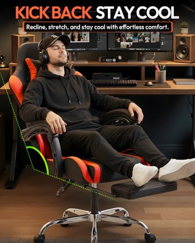 Dowinx Ergonomic Gaming Chair with Footrest & Massage Lumbar, 2D-Linkage Armrests for Computer Chair 330lbs with Headrest Pillow for Office, Home, Streaming and Long Gaming Sessions, Red - color: Red