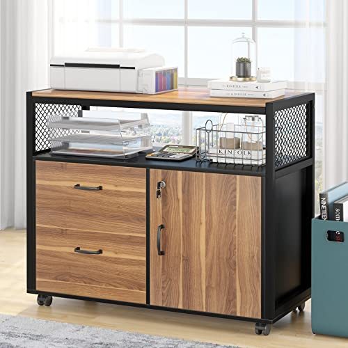 Tribesigns Modern File Cabinet with Drawers for Letter-Size, Lockable lateral Filing Cabinet Printer Stand with Door& Caster for Home Office.Desk Not Included - color: Walnut