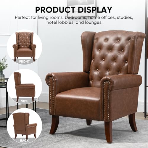 MOJAY Mid-Century PU Leather Accent Chair, Living Room Lounge Sofa Chair with Buttons, Single Club Armchair with Rivet Trim for Bedroom Home Reception (Brown) - color: Brown, size: Set of 1