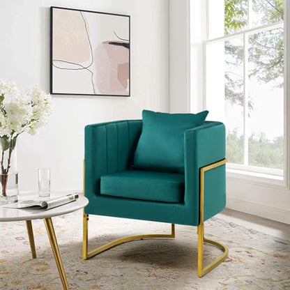 Velvet Accent Chair, Modern Barrel Arm Chair for Living Room/Bedroom/Guest Reception, Upholstered Club Armchair with Pillow & Gold Base, Green - color: Green, size: 1 PC
