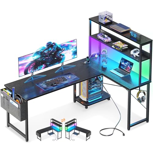 Casaottima L Shaped Gaming Desk with Hutch & Power Outlet & LED Lights