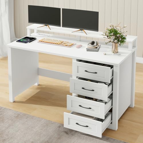 Vabches 47" Farmhouse Executive Desk with 4 Drawers and LED Lights, White - color: White, size: 4 Drawers & Monitor Stand