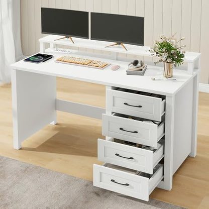 Vabches 47" Farmhouse Executive Desk with 4 Drawers and LED Lights, White - color: White, size: 4 Drawers & Monitor Stand