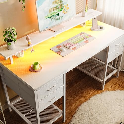 Huuger 55 inch Computer Desk with Power Outlets & 4 Drawers - color: White, size: 55 Inch