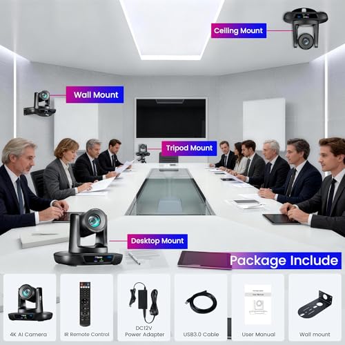 4K NDI PTZ Camera AI-Auto Tracking, 20X Optical Zoom, USB3.0/HDMI/LAN PoE, IP Live Streaming, Conference Room Camera for Church Services Education Conference Events, Work with YouTube OBS - color: inky black