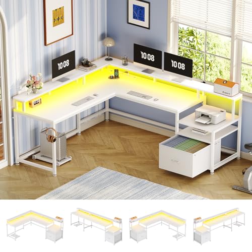 SEDETA 66" Reversible L Shaped Computer Desk with Power Outlet, File Drawer | Home Office Desk with Monitor Shelf, Storage Shelves, LED Lights for Corner Small Spaces, Gaming, White - color: White