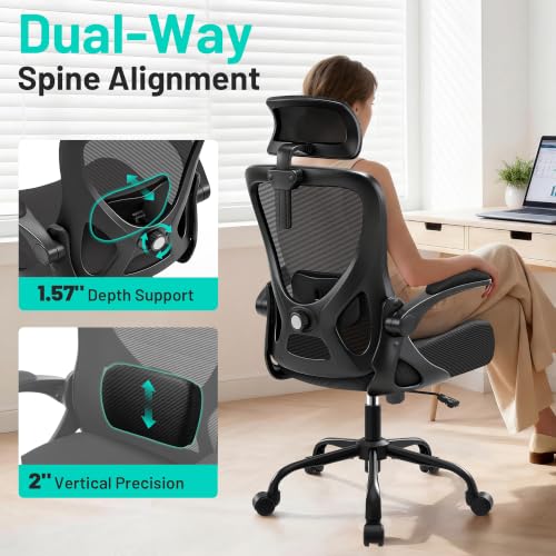 AreShark Office Chair - Ergonomic Desk Chair Breathable Mesh Chair with 2D Headrest & Adjustable Lumbar Support - Executive High Back Rolling Swivel Computer Gaming Chair with Wheels Flip-up Armrests - color: Black/Black
