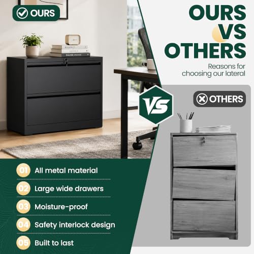 2 Drawer Lateral File Cabinet, Metal Filing Cabinet for Home Office, Black | Heavy-Duty Steel Locking File Cabinet, Hanging Letter/Legal/A4 Size, Full-Extension Drawer, Assembly Required - color: Black, size: 2 Drawers (35.43 in Width)