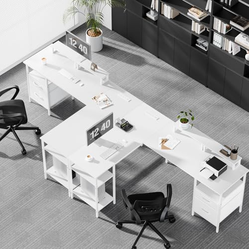 L Shaped Gaming Desk with Power Outlet & 2 Monitor Stands, Computer Desk with Drawer & Adjustable Storage Shelves, Large Corner Desks for Home Office, White