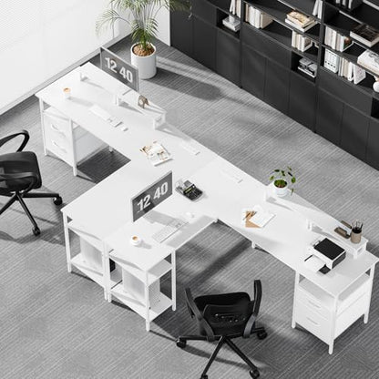 L Shaped Gaming Desk with Power Outlet & 2 Monitor Stands, Computer Desk with Drawer & Adjustable Storage Shelves, Large Corner Desks for Home Office, White