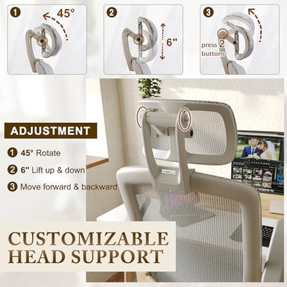 GABRYLLY Ergonomic Office Chair, High Back Home Desk Chair with Flip-Up Arms, Headrest, 90-120° Tilt and Wide Cushion, 300LBS White Mesh Chair for Work Gaming Study (GY01-NT, Woodgrain Pattern) - color: White Frame Moon Grey Mesh