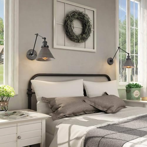 LALUZ Black Wall Sconces Lighting, Modern Swing Arm Plug-in or Hardwired Adjustable Wall Lamp with Antique Silver Finish for Bedroom, Kitchen, and Living Room - size: 12" W Antique Silver