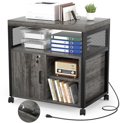 Unikito Rolling File Cabinet Lateral Office Filing Cabinets with Socket and USB Charging Port, Modern Printer Stand on Wheels Printer Cabinet with Door and Open Storage, Lockable, Black Oak - color: Black Oak
