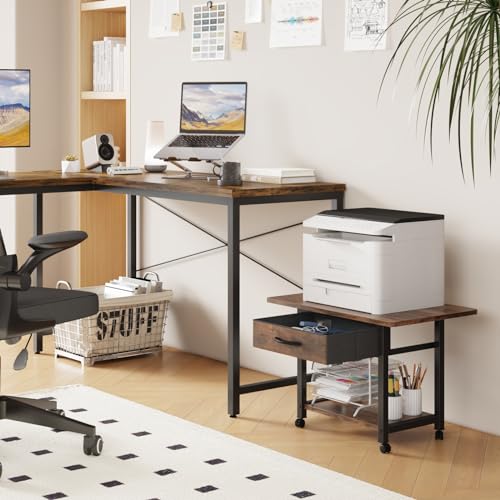 YAOHUOO 22"x15" Large Printer Stand with Drawer, 2-Tier Rolling Table Cart - color: Rustic Brown, size: 2-Tier